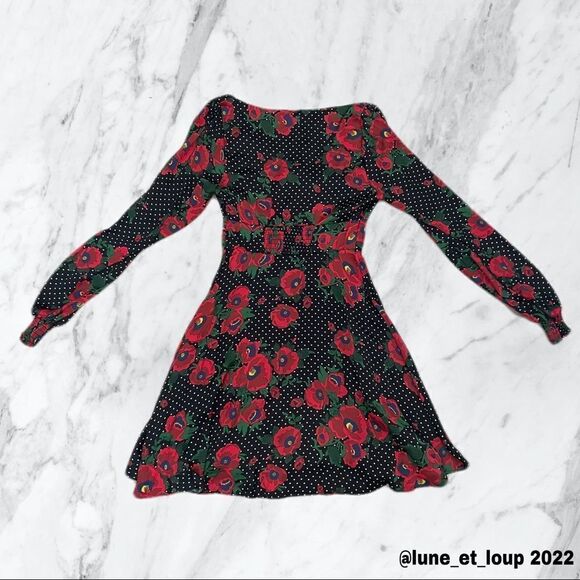 FREE PEOPLE Red Poppy Polka Dot Long Sleeve Smocked Keyhole Mini Dress NWT! - Picture 6 of 9